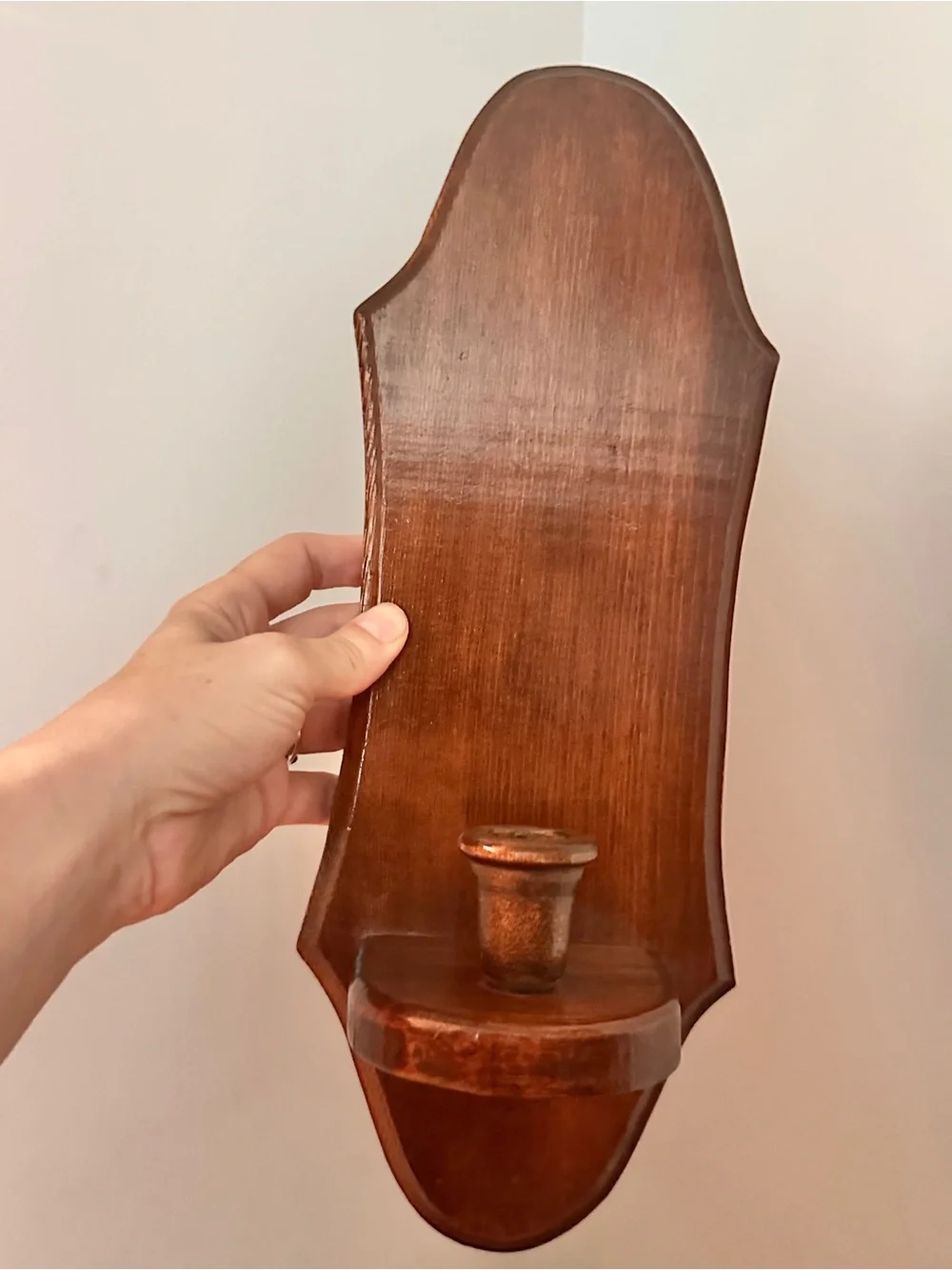 Vtg wood candle sconce with curved edge